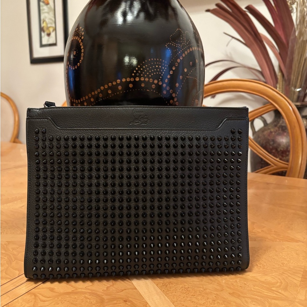 EUC Christian Louboutin Large Black Clutch with black spikes